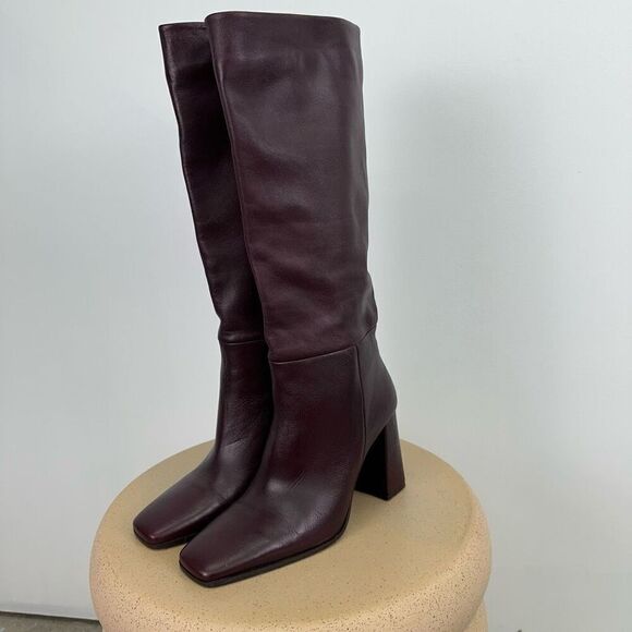 Zara Women’s Oxblood Burgundy Leather Square Toe Below the Knee Block Heel Boot - Picture 13 of 15